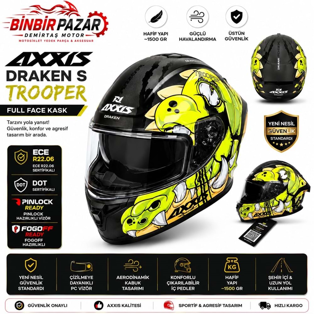 AXXIS / L /BEDEN/Draken S Trooper Full Face Motosiklet Kaskı