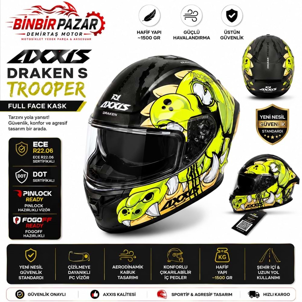 AXXIS / L /BEDEN/Draken S Trooper Full Face Motosiklet Kaskı