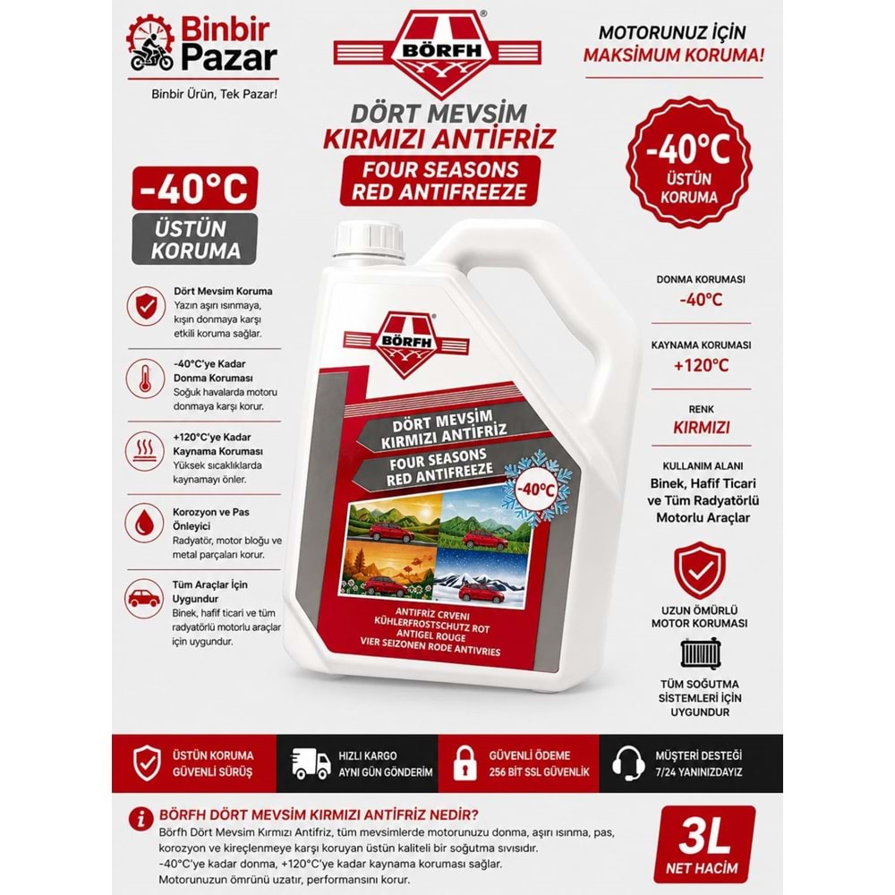 Börfh Dört Mevsim Kırmızı Antifriz (-40°C) 3 Litre