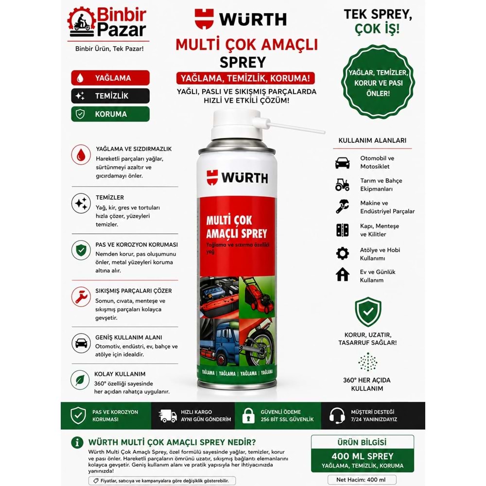 Würth Multi Çok Amaçlı Sprey 400 ml – Pas Sökücü, Yağlayıcı, Temizleyici ve Koruyucu