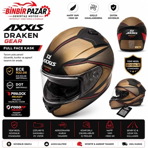 AXXIS / XL / BEDEN/Draken Gear Full Face /Motosiklet Kaskı /Mat Siyah-Gold