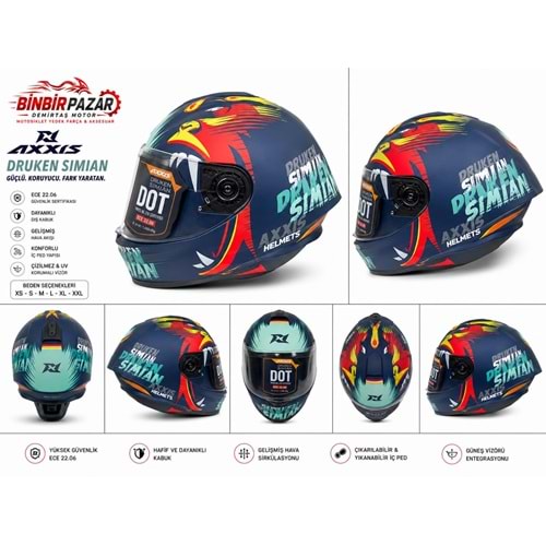 AXXIS -XL BEDEN/Draken Simian Mat Lacivert Full Face KASK