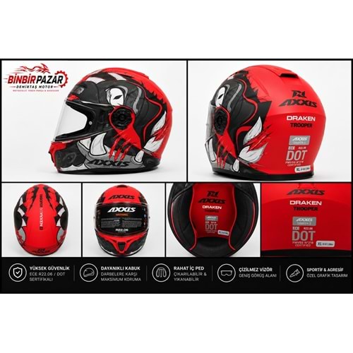 AXXIS Draken S Trooper / XL BEDEN /Kırmızı Full Face KASK