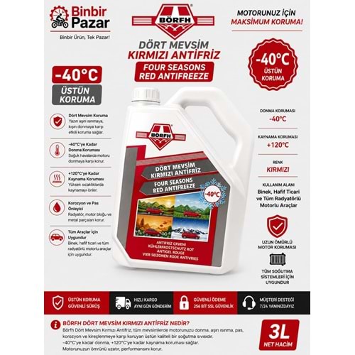 Börfh Dört Mevsim Kırmızı Antifriz (-40°C) 3 Litre