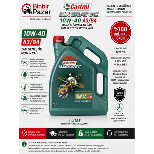Castrol Magnatec 10W-40 A3/B4 Tam Sentetik Motor Yağı 4 Litre