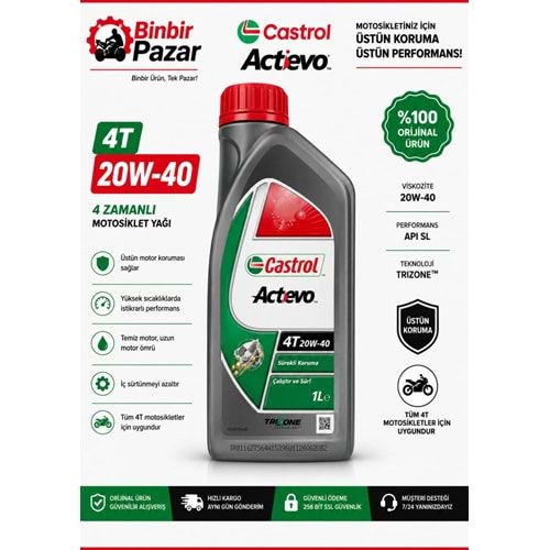 Castrol Actevo 20W-40 4T Motosiklet Motor Yağı (1 Litre)