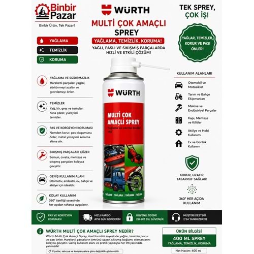 Würth Multi Çok Amaçlı Sprey 400 ml – Pas Sökücü, Yağlayıcı, Temizleyici ve Koruyucu