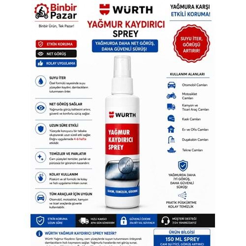 Würth Yağmur Kaydırıcı Sprey 150 ml – Cam Su İtici, Net Görüş Sağlayıcı