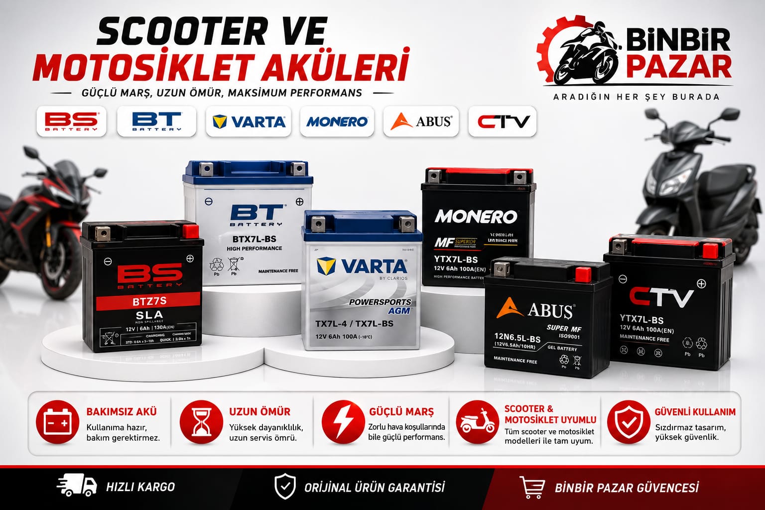 Varta,bs,bt,monero,abuş,ctv, motosiklet , Aküleri, bakım ürünleri ve orijinal motosiklet ekipmanları Demirtaş Motor Binbir Pazar da.