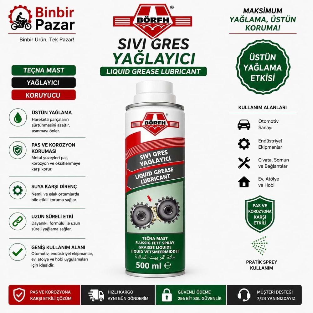 Börfh Sıvı Gres Yağlayıcı Sprey 500 ml – Koruyucu ve Uzun Süreli Yağlama
