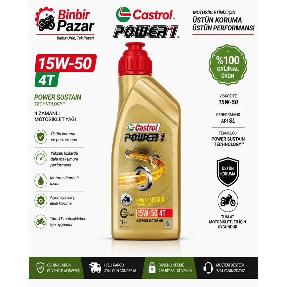 Castrol Power1 15W-50 4T Motosiklet Motor Yağı (1 Litre)