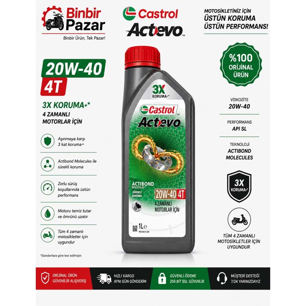 Castrol Actevo 20W-40 4T Motosiklet Motor Yağı (1 Litre)