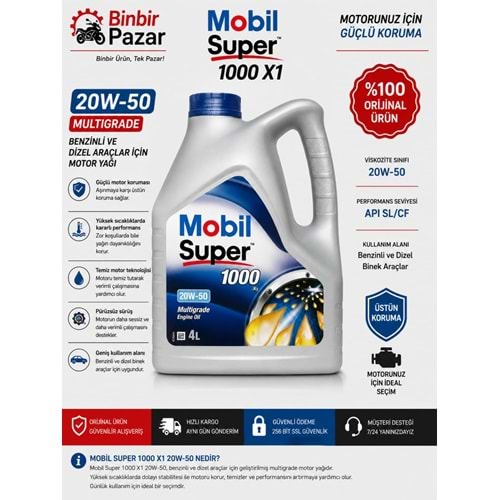 Mobil Super 1000 X1 20W-50 Motor Yağı 4 Litre