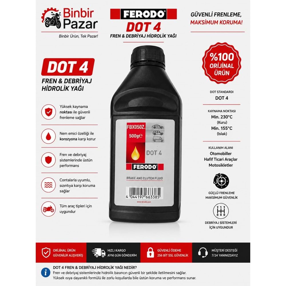 FERODO DOT 4 Fren ve Debriyaj HİDROLİK Yağı 500 Gr