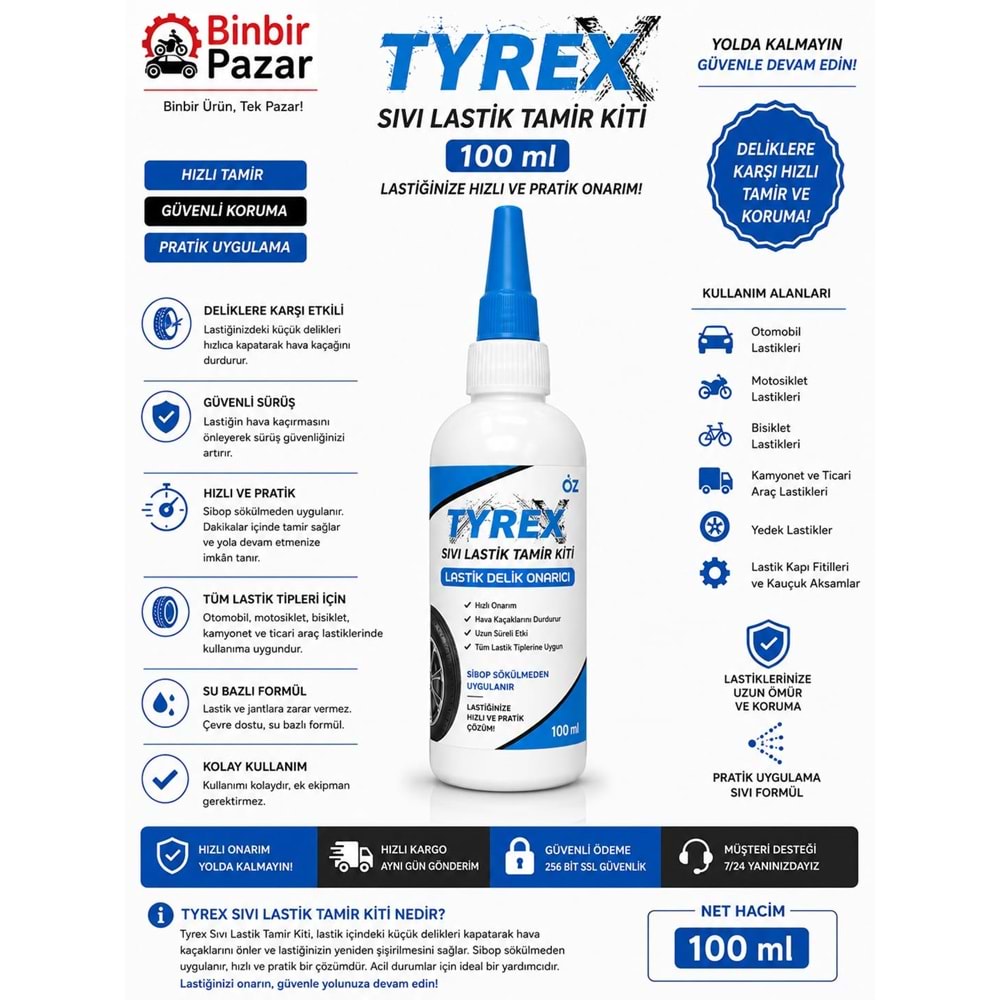 Tyrex Sıvı Lastik Tamir Kiti 100 ml – Lastik Delik Onarıcı