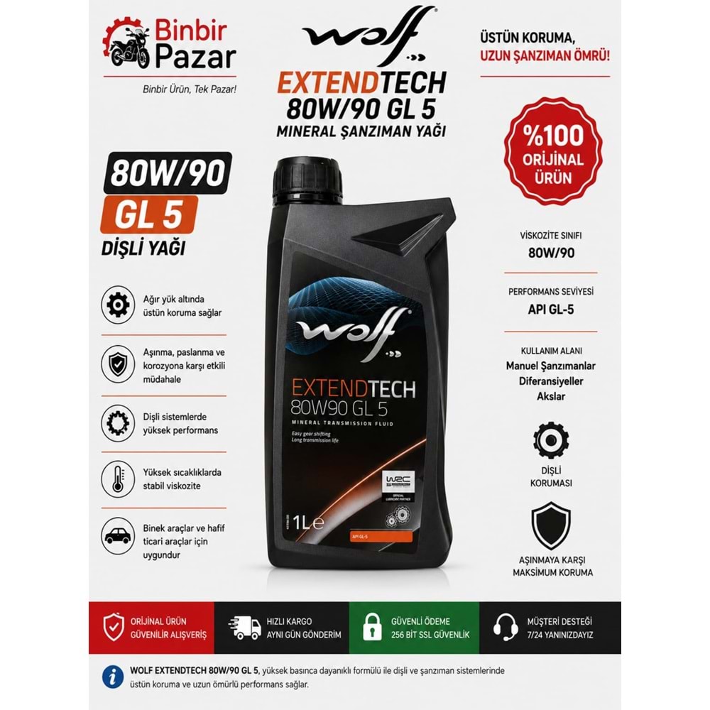 Wolf ExtendTech 80W-90 API GL-5 Şanzıman (Dişli) Yağı (1 Litre)